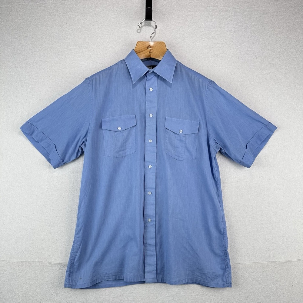80's Vtg Givenchy Monsieur Linen Blend Shirt Men's L Short Sleeve Button Up Blue